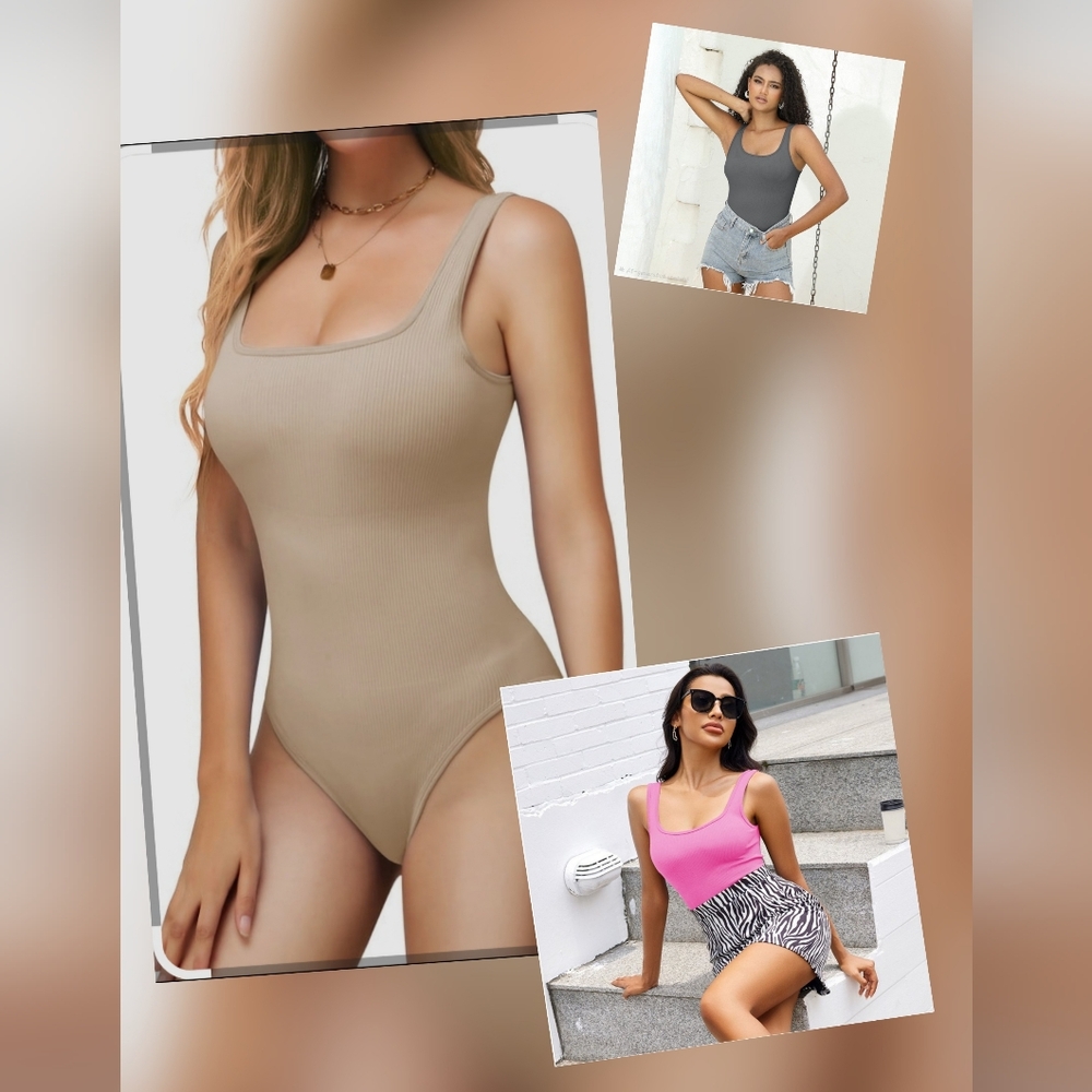 MRIGNT Pink,Tan, Slate Tank Bodysuits with Ribbed Seamless Design Sz S, 3 Pcs